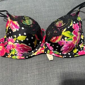 Victoria's Secret Black and Pink Floral Bra with Padded Cups